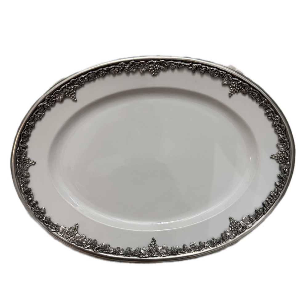 Arthur Court Ceramic Serving Platter with Silver Grape Motif Rim. New in box